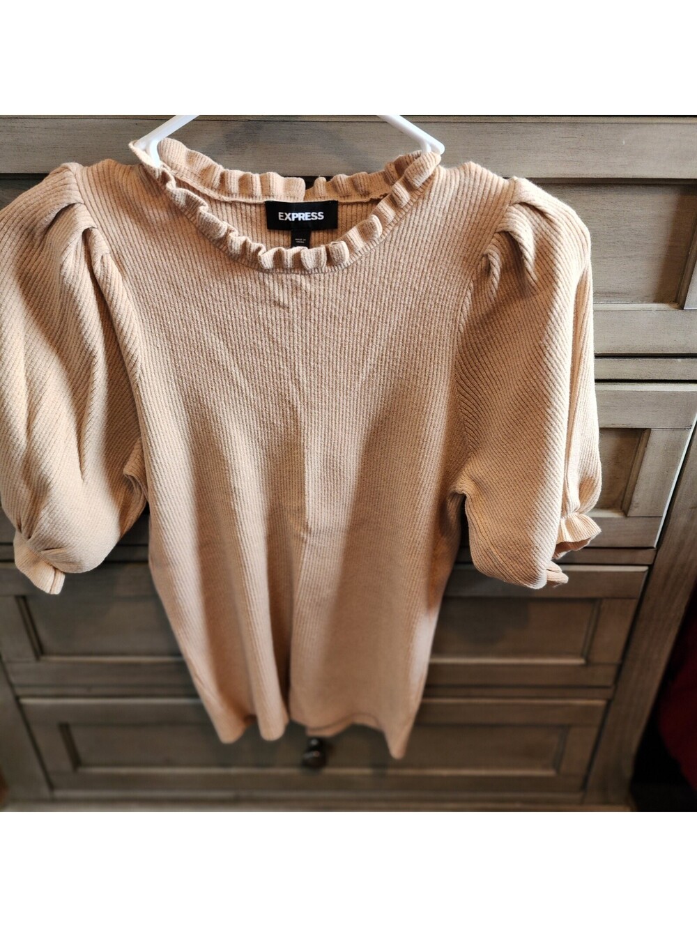 Express Beige Knit Puff Sleeve Short Sleeve Ruffle Round Neck Women's Top M
